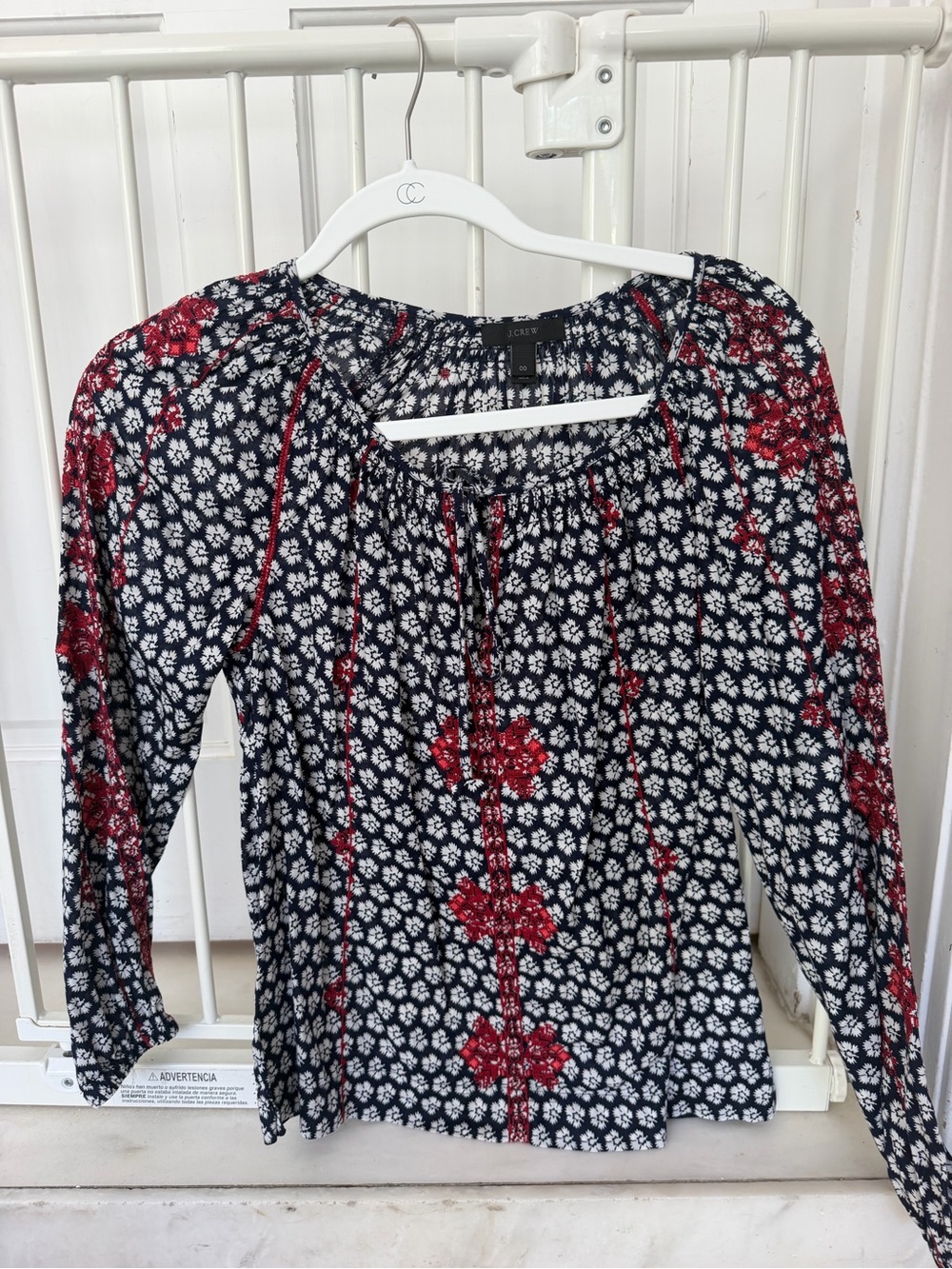 J. Crew Navy, White & Red Floral Long Sleeve Peasant Top